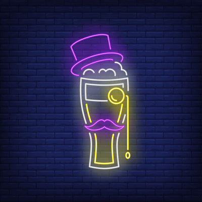 Beer Glass With Topper Hat, Moustache And Monocle Neon Sign